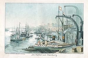 HAMBURG. Im Hafen von Hamburg. Chromolithographie von Carl Mayers Kunstanstalt, Nürnberg, 1890.