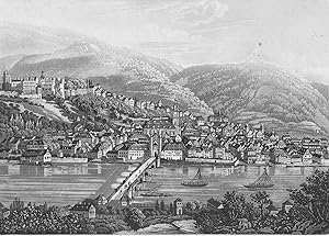 Heidelberg. Gesamtansicht über den Neckar. Aquatinta, um 1840. 9 x 13 cm.