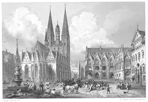 Braunschweig. Teilansicht mit der Martinskirche. Reges Markttreiben auf dem Platz. Stahlstich von...