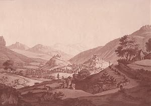 Sion. Gesamtansicht von einem Hügel aus. Aquatinta in Sepia von A. Beaumont, 1800. 20 x 30 cm. Bl...