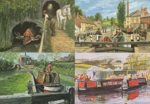 English Waterway Canal Painting Tug Boat 4x Postcard s