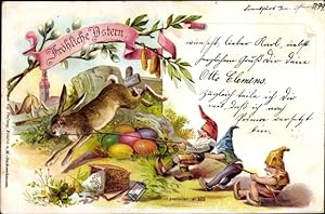 Ansichtskarte / Postkarte Glückwunsch Ostern, Zwerge fangen Osterhasen, Ostereier