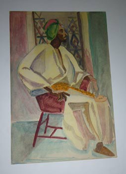 Seated Black Arab in fine Regalia. Original watercolor.