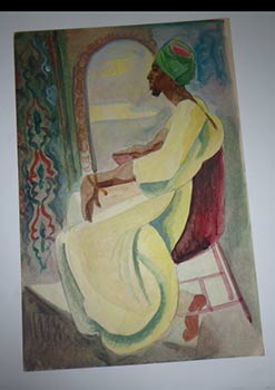Seated Black Arab in fine Regalia with Open Window. Original watercolor.