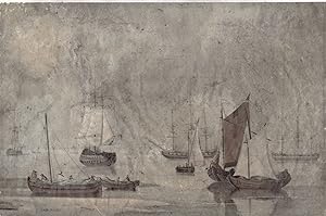 Antique Drawing-COASTAL VIEW-SHIPS-VESSELS-SEA-MARINE-Monogram JCD-1830-1840