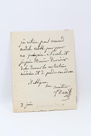 Lettre autographe signée au chef du secrétariat des beaux-arts : Adolphe Saint Vincent Duvivier