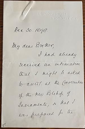 Rev. William Wilcox Perrin, second Bishop of [British] Columbia, 4pp. holograph letter