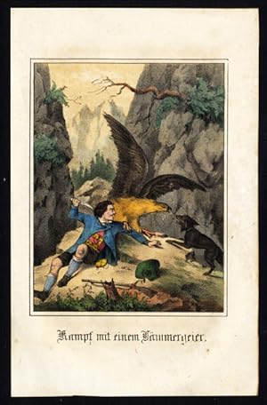 Antique Print-BATTLE WITH A BEARDED VULTURE-DOG-RIFLE-SWITZERLAND-Fritsche-1850