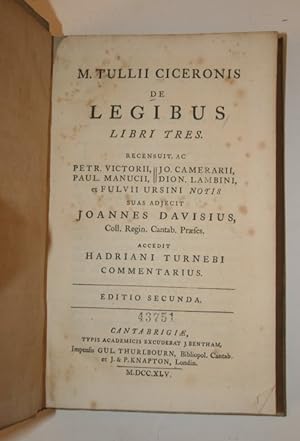 [Classics] De legibus Libri Tres. Recensuit, ac Petr Victorii, Paul Manucii, Jo. Camerarii, Dion....