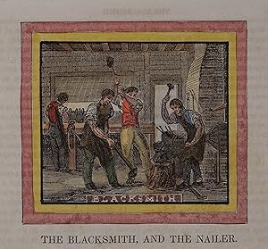 The Blacksmith and the Nailer. Altkolorierter Holzschnitt um 1845, 7 x 8 cm