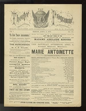 Program for The Globe Theatre featuring Ristori in a performance of Paolo Giacometti's Marie Anto...