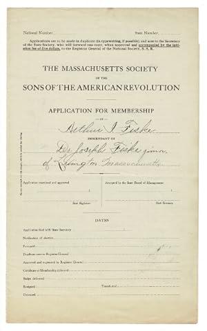 Application for membership of Arthur I. Fiske, descendant of Dr. Joseph Fiske, junior of Lexingto...