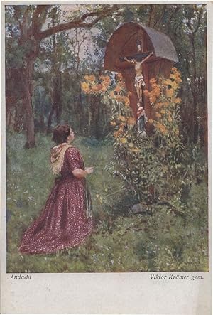 Viktor Kramer Soviet Andacht Crucifixion In Forest Antique Painting Postcard