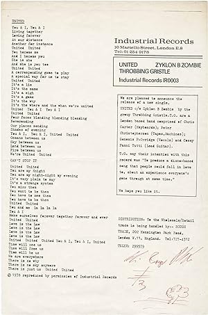 Original flyer for the release of United b/w Zyklon B Zombie, signed by Genesis P-Orridge