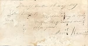 SAMUEL KENNEDY'S MANUSCRIPT NOTE REQUESTING THAT JOSEPH WHITE PAY JOHN W. MOORE $30, TOWN OF AUST...