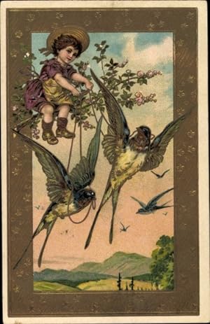 Präge Ansichtskarte / Postkarte Kind auf einem blühenden Zweig, Schwalben