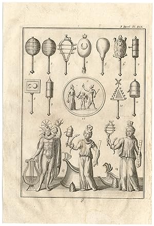 Antique Print-SISTRUM-RHOMBUS-HARPOCRATES-ISIS-OSIRIS-CLATRA-Creite-Fiteau-1731