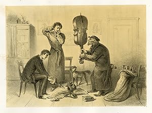 Antique Satire Print-CELLO DAMAGED IN STRUGGLE-HARNESS-DOG-Ver Huell-1873