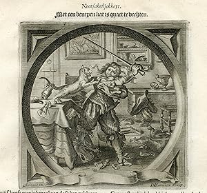 Antique Satire Print-DESPERATE NEED-CAT-DEEDS-Cats-1655