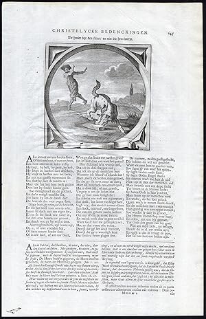 Antique Satire Print-JUDGMENT-PAIN-STONE-DOG-Cats-1655