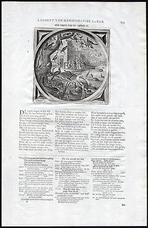 Antique Satire Print-BIRD-SINGING-NOTE-TALK-Cats-1655