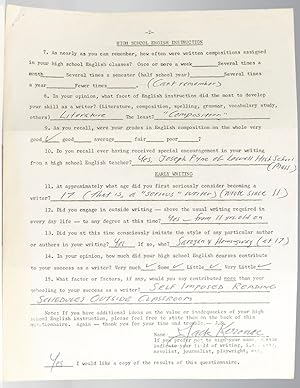 Jack Kerouac Autograph Questionnaire Signed.