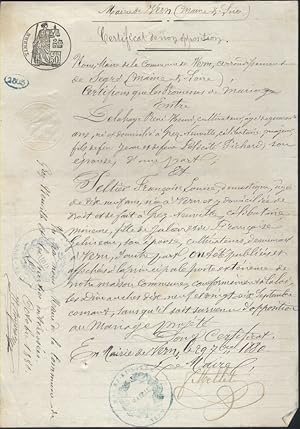 Certificat de publication des bans (certificat de non-opposition) à la mairie de Vern (Maine-et-L...