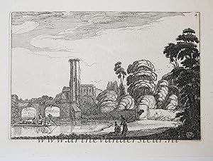 Antique print, etching | Ferry in front of a stone bridge (veerboot voor stenen brug), published ...
