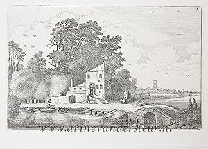 [Antique etching, ets, landscape print] J. v.d. Velde II, House near a stone bridge in a river la...
