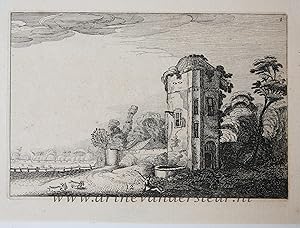 Antique print, etching | Shepherd at a tower with a well, published before 1713, 1 p.