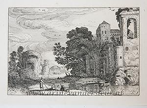Antique print, etching | Figures by a castle lying by a river, published before 1713, 1 p.