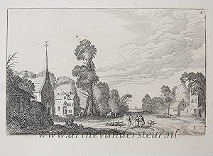 [Antique etching, ets, landscape print] J. v.d. Velde II, Country road through a village.