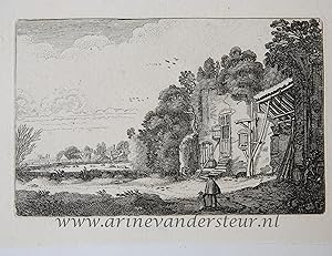 [Antique etching, ets, landscape print] J. v.d. Velde II, Woman with child by a ruined house, pub...