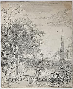 [Antique print, etching/ets] Italian landscape with obelisk, published 1650-1700.