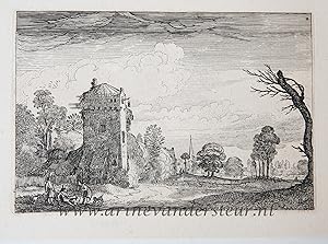 Antique print, etching | Hunters with dogs by a tower in a landscape, published before 1713, 1 p.