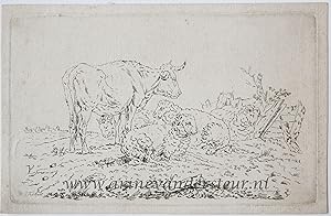 [Original etching, ets] P. Roosing after J. Kobell II. Cow and sheep in a meadow (koe en schaap i...