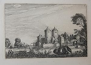 Antique print, etching | Figures in a pleasure boat near a castle (plezierbootje bij kasteel), pu...