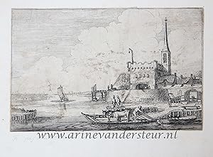 [Antique etching, ets, landscape print] J. v.d. Velde II, Cattle on a ferry by a fort in a river ...