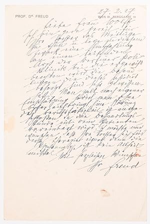 [ALS.] Sigmund Freud's Autograph Letter in German to Frau Wolff