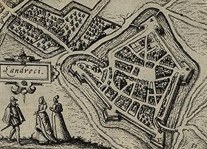 Landreci France 1612 Blaeu Guicciardini miniature city view w/ figures