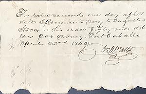 PROMISSORY NOTE, IN MANUSCRIPT, FROM WM. H. WATTS TO AUGUSTUS STORRS, PORT CABALLO [TEXAS], APRIL...