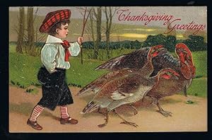Boy & Turkeys Embossed Thanksgiving Postcard