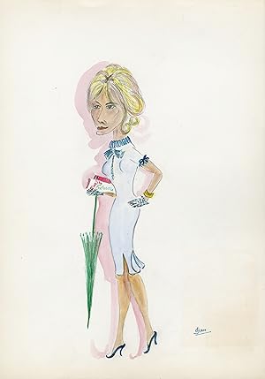 "Catherine DENEUVE" Caricature originale de J. GEN (Dessin au crayon aquarellé)