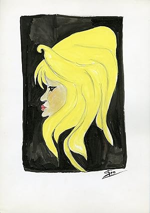 "Brigitte BARDOT" Caricature originale de J. GEN (Dessin au crayon aquarellé)