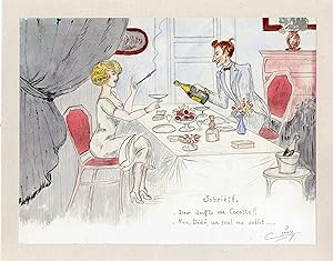 "CRÉCY : SOBRIÉTÉ" Dessin aquarellé de presse original entoilé vers 1935