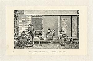 "JAPON: Préparatifs du diner à l'Hôtel d'Itchimanda" Gravure par CANEDI entoilée 1890
