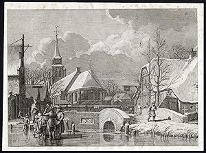 Antique Master Print-ICE SKATING-WINTER LANDSCAPE-VILLAGE-Cats-De Wit-1805