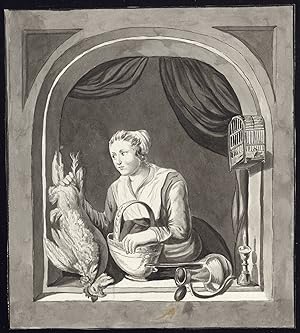 Antique Drawing-MAID-WINDOW-CHICKEN-PLUCK-Bromet-Willem van Mieris-ca. 1820