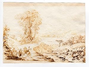 Antique Drawing-LANDSCAPE-ARAB HORSEMEN-Anonymous-ca. 1830