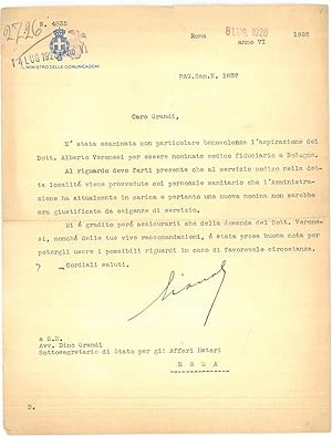 Lettera su carta intestata: Il Ministero delle Comunicazioni, inviata a Dino Grandi Sottosegretar...